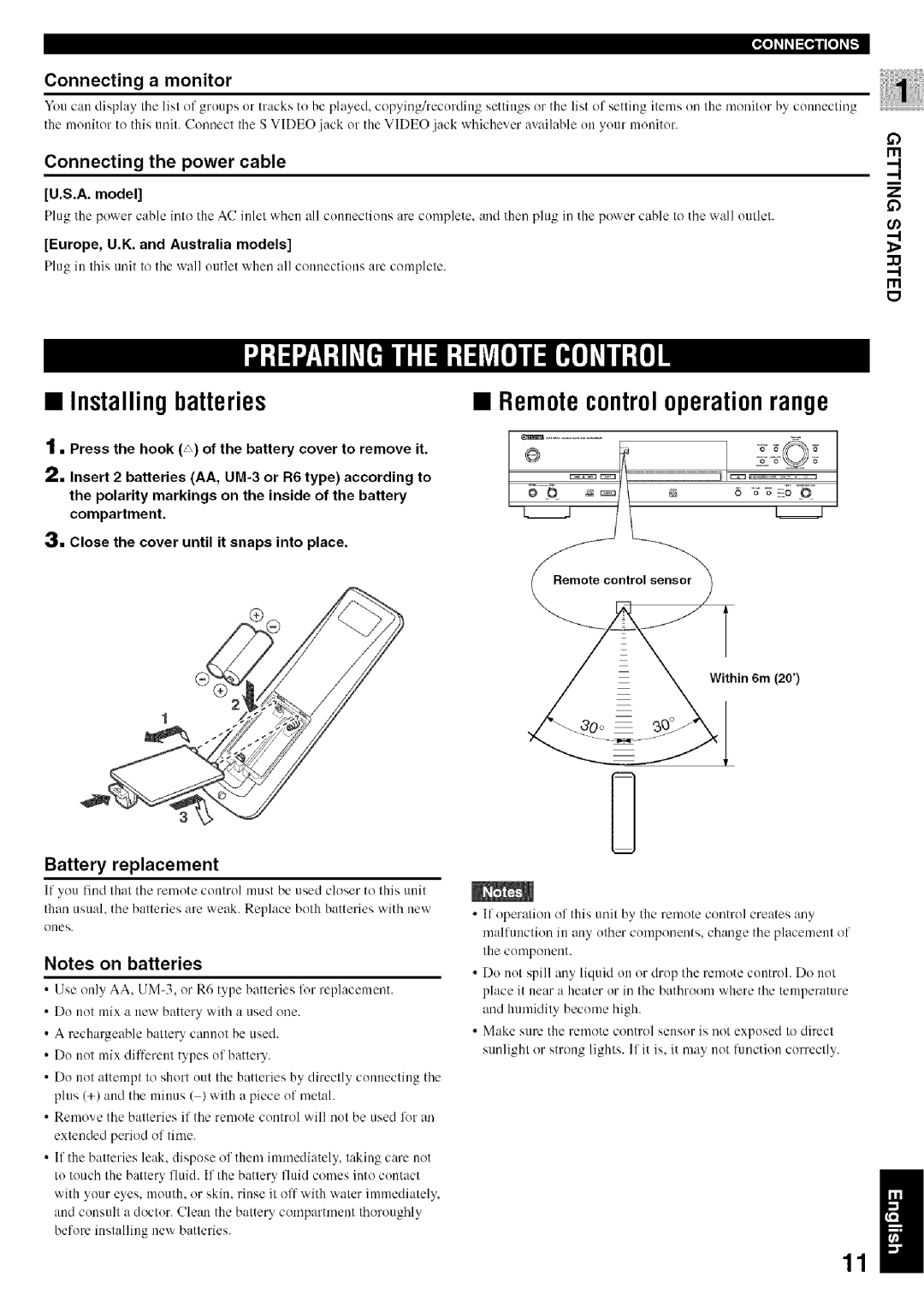 Yamaha CDR-HD1500 Installingbatteries, Remotecontroloperation range, Connecting a monitor, Connecting the power cable 