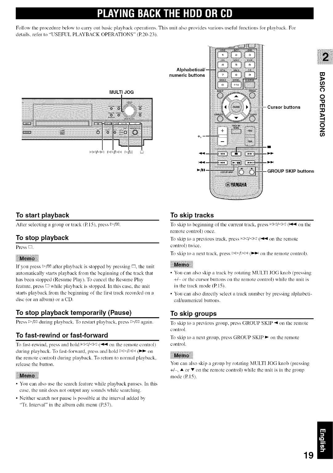 Yamaha CDR-HD1500 owner manual To start playback, To skip tracks, To stop playback temporarily Pause, To skip groups 