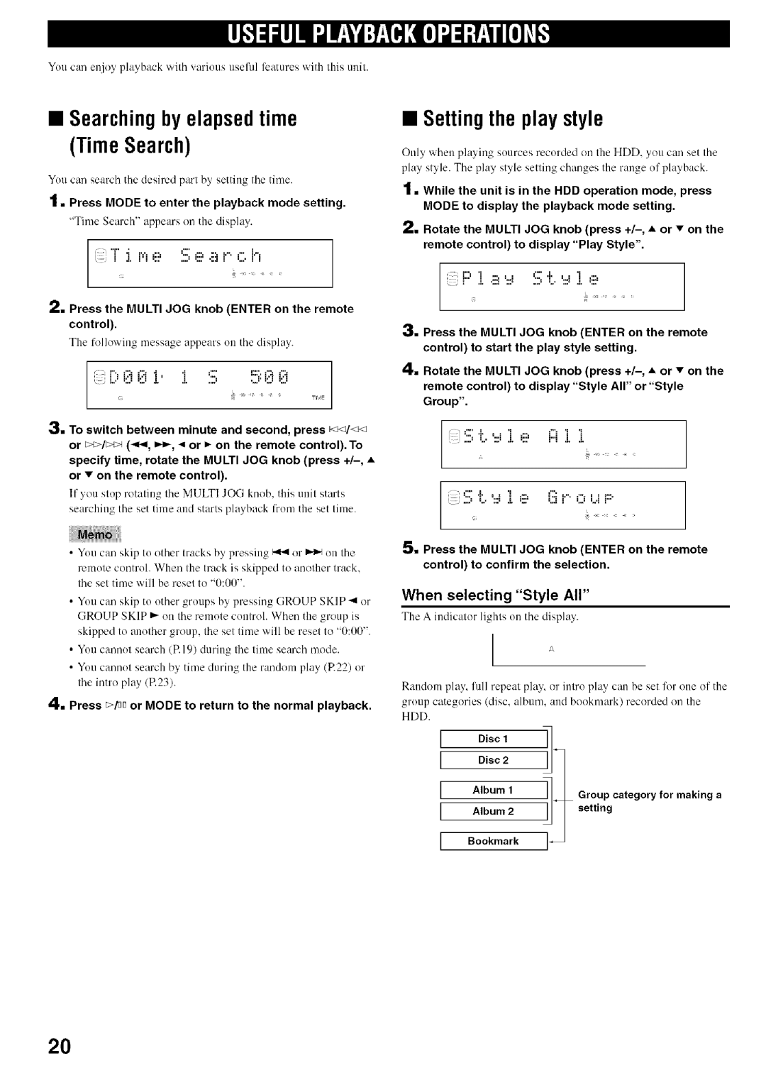 Yamaha CDR-HD1500 owner manual Searchingby elapsedtime Time Search, Setting the play style, When selecting Style All 