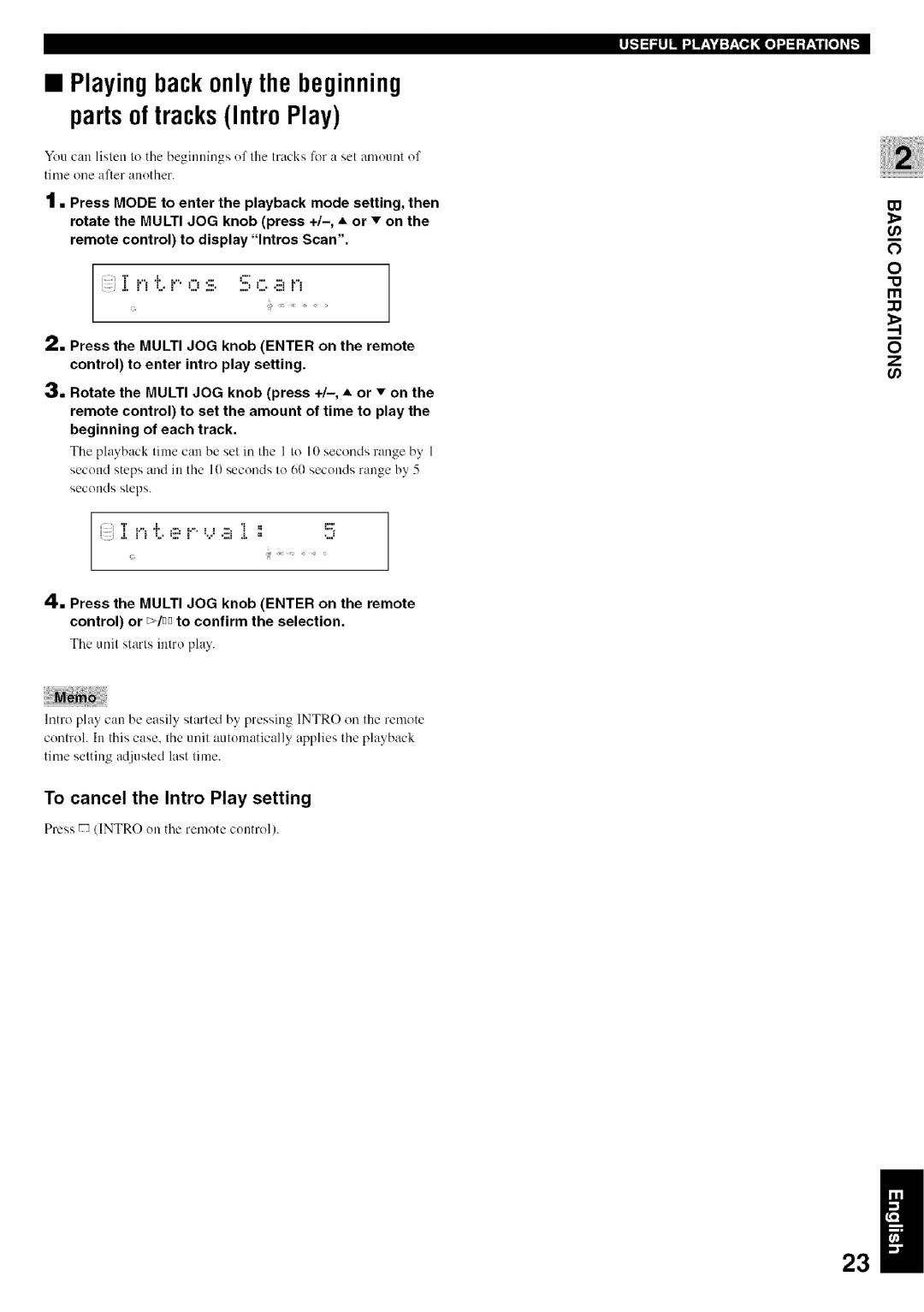 Yamaha CDR-HD1500 owner manual Playingbackonlythe beginning partsof tracksIntro Play, To cancel the Intro Play setting 