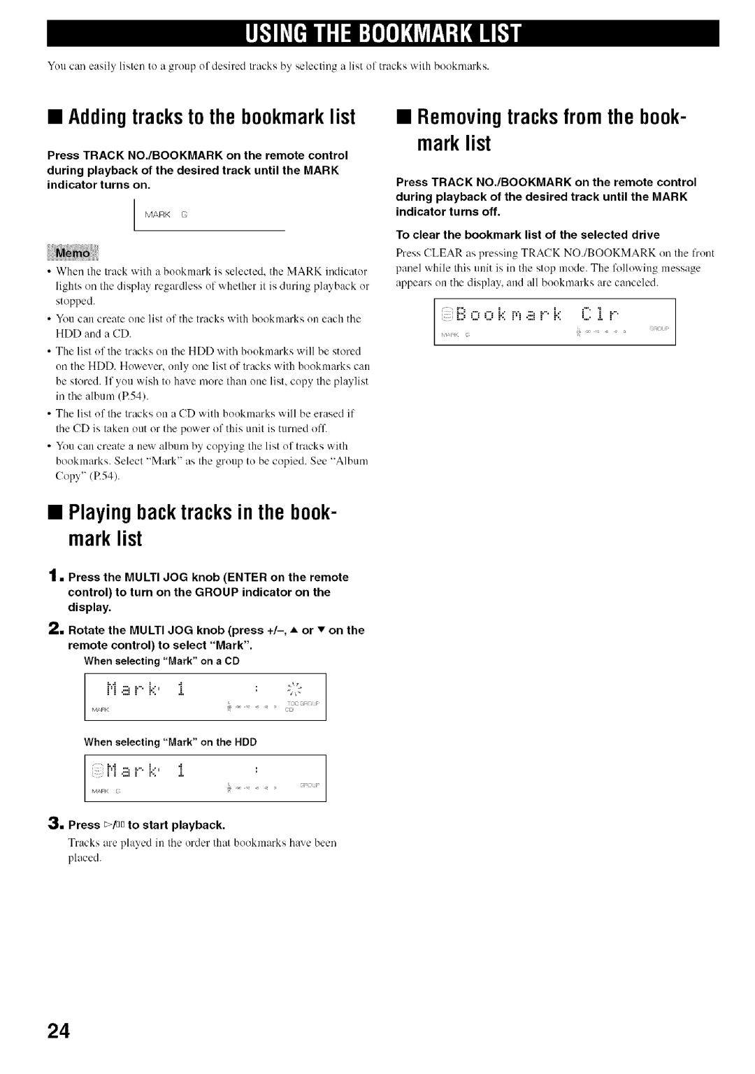 Yamaha CDR-HD1500 owner manual Adding tracks to the bookmark list, Removing tracks from the book- mark list 