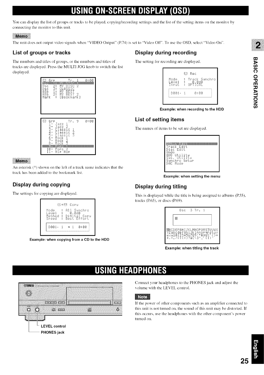 Yamaha CDR-HD1500 List of groups or tracks, Display during copying, Display During Recording, List of setting items 