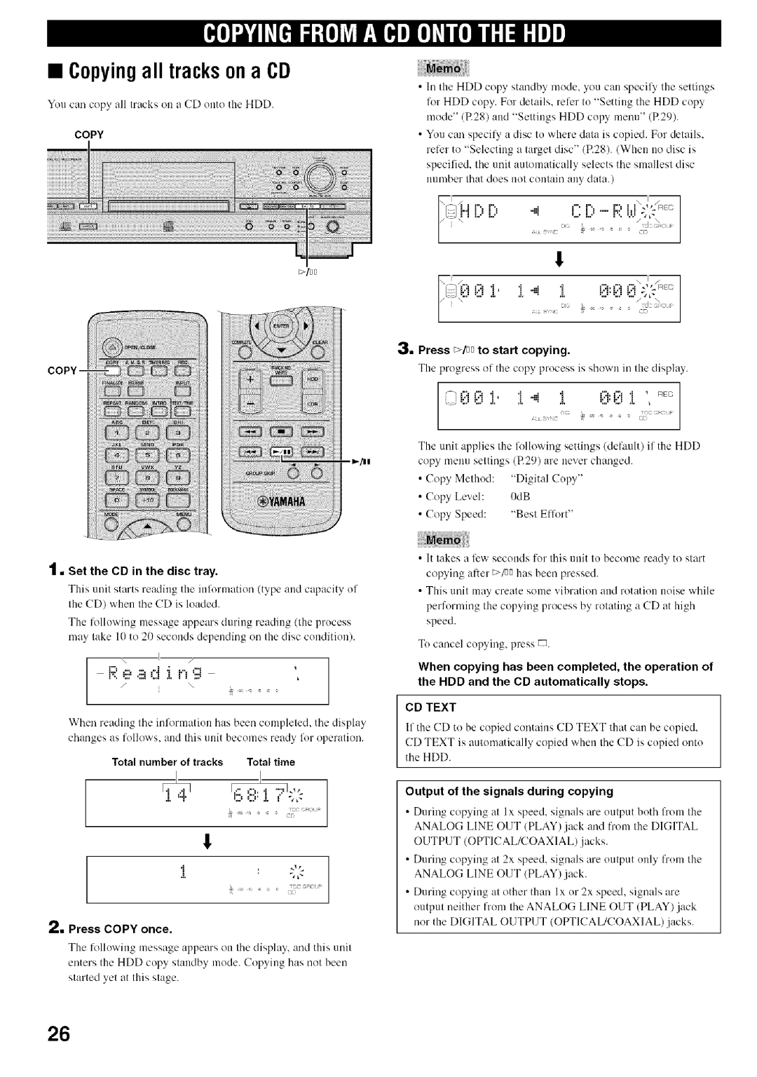 Yamaha CDR-HD1500 owner manual Copyingall tracksona CD, Press E/DDto start copying, IIj FEe, CD Text 