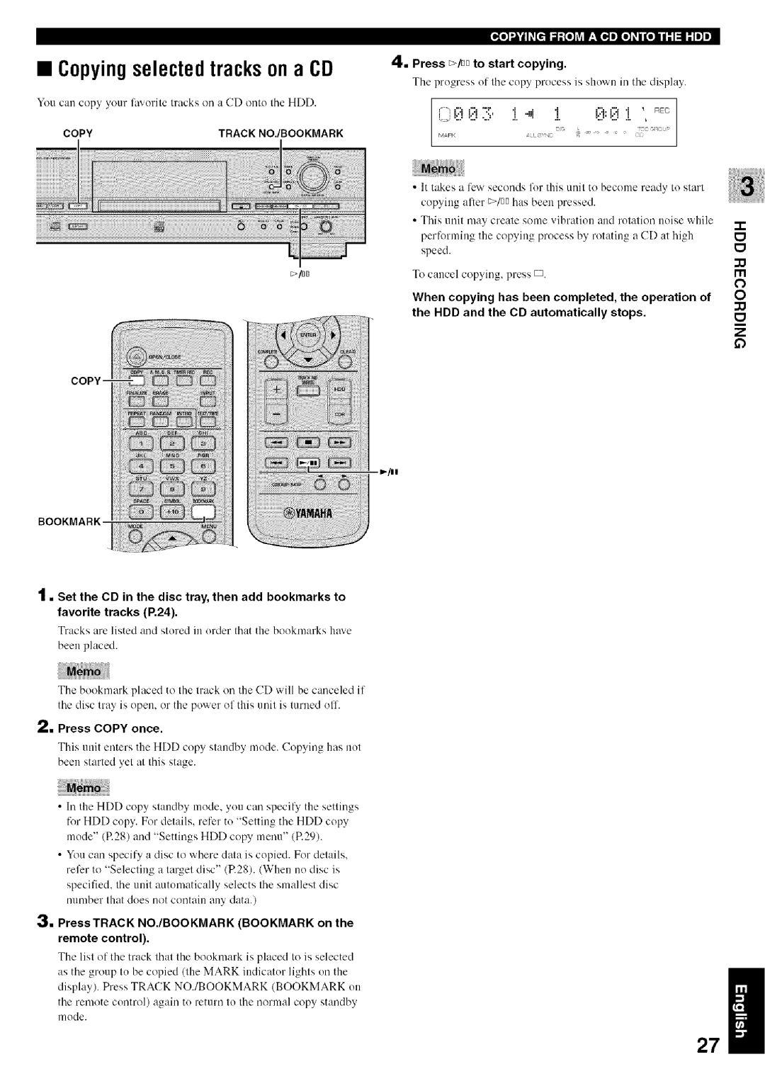 Yamaha CDR-HD1500 owner manual Copyingselected tracks on a CD, @.Press Copy once 