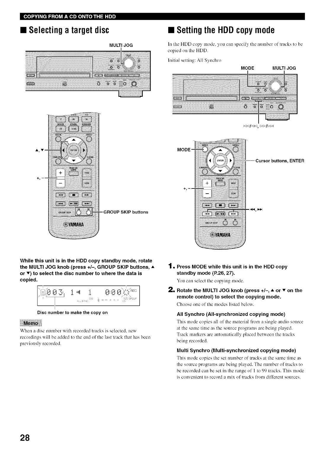 Yamaha CDR-HD1500 Selectinga targetdisc, Setting the HDD copy mode, Disc number to make the copy on, Mode Multijog 