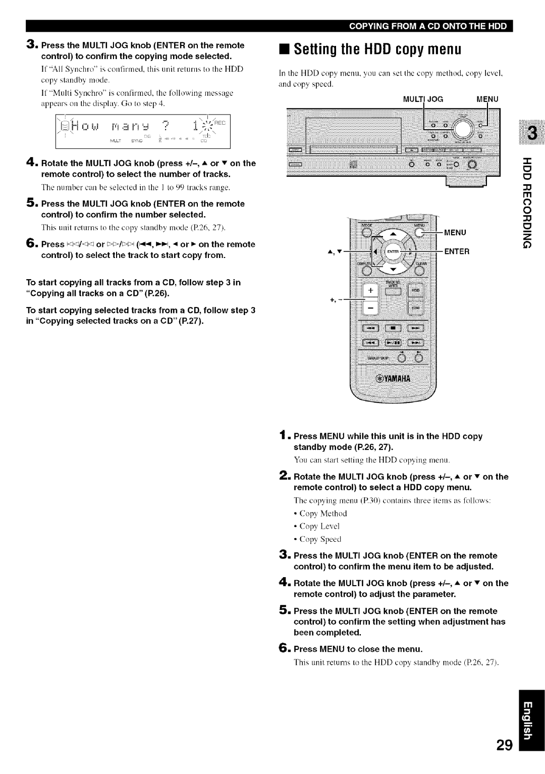 Yamaha CDR-HD1500 owner manual Settingthe HDDcopymenu 