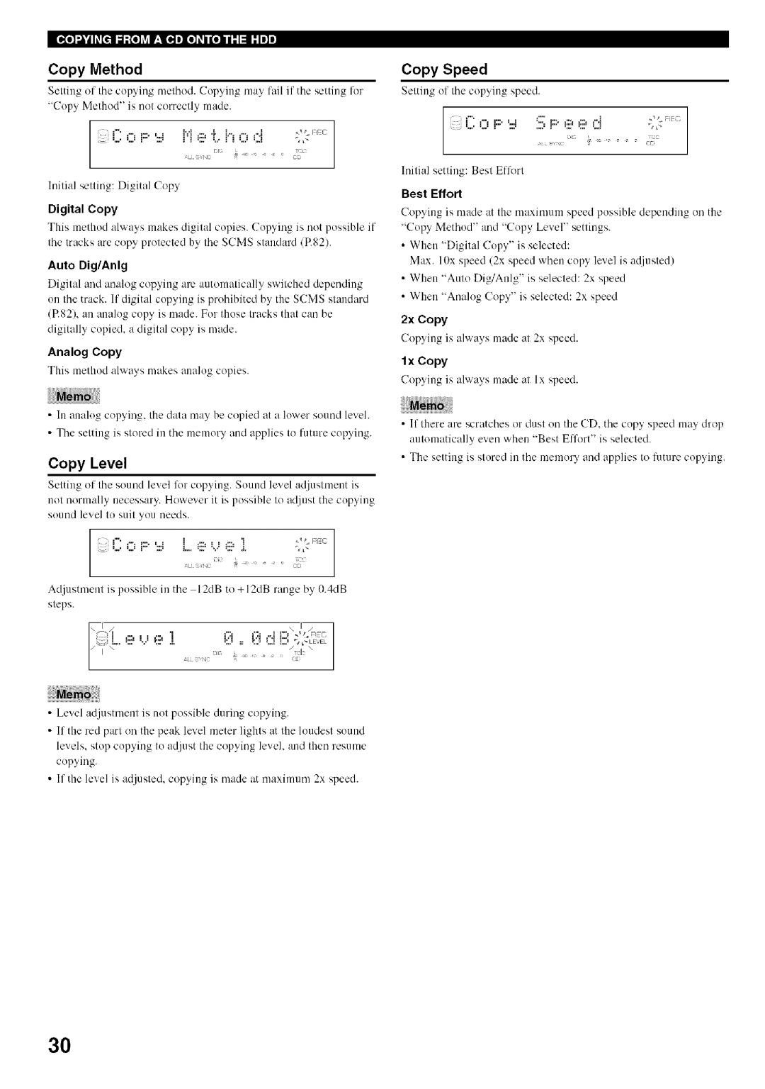 Yamaha CDR-HD1500 owner manual Copy Method, Copy Level, Copy Speed 