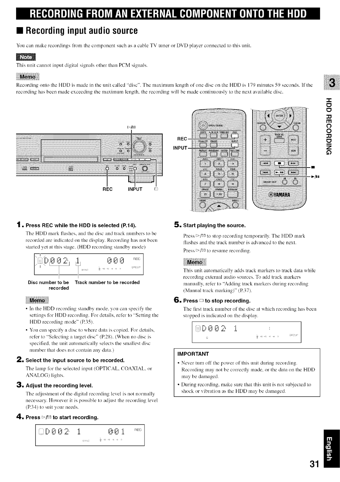 Yamaha CDR-HD1500 owner manual Recording input audio source 