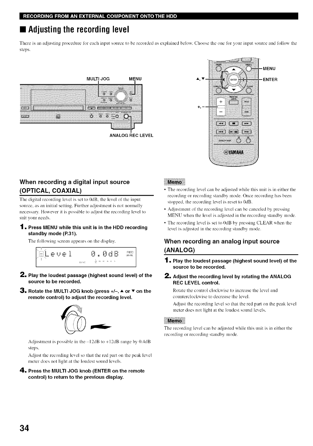 Yamaha CDR-HD1500 owner manual Adjusting the recording level, When recording a digital input source 