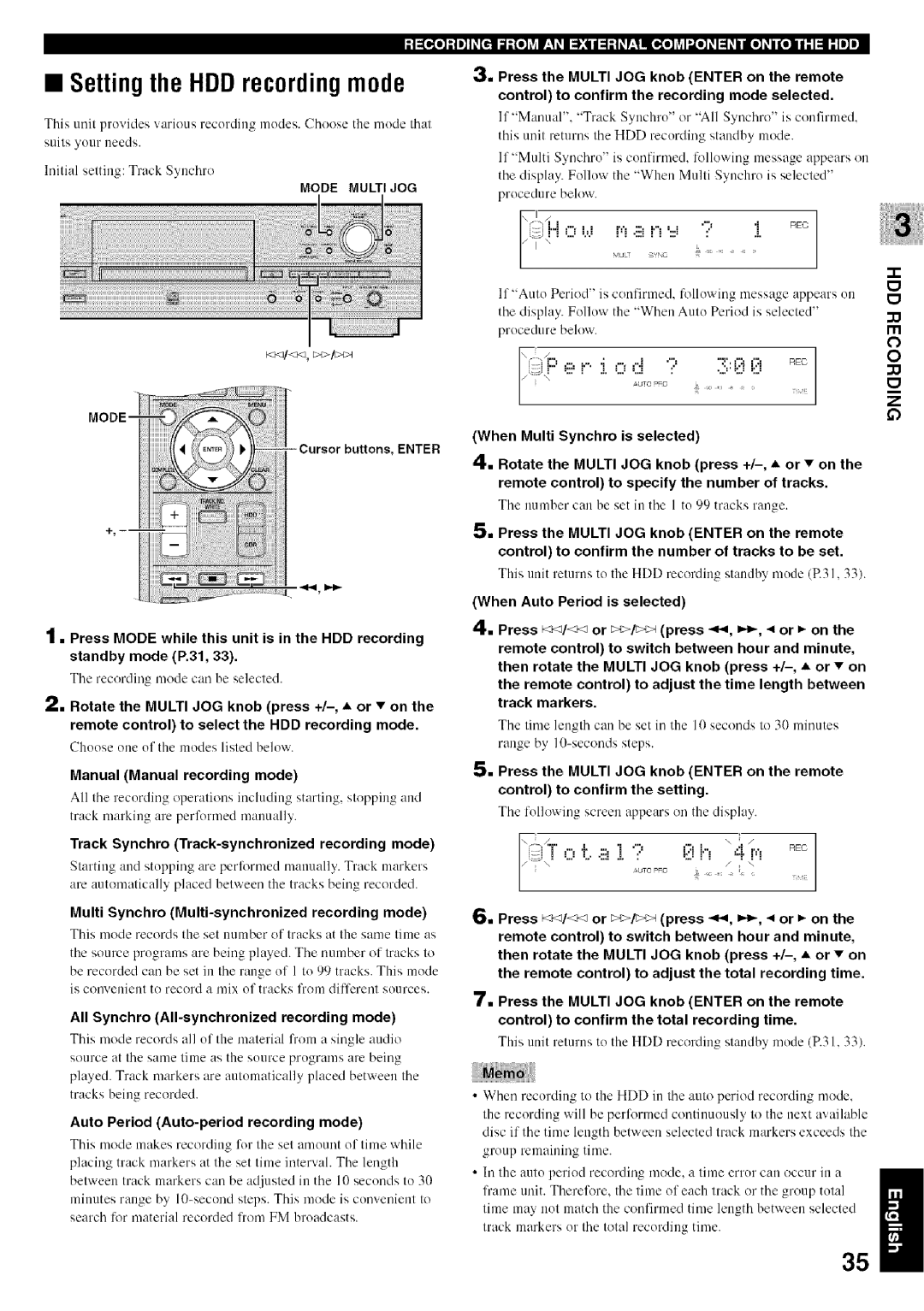 Yamaha CDR-HD1500 owner manual Setting the HDD recording mode, Mode Multi JOG 