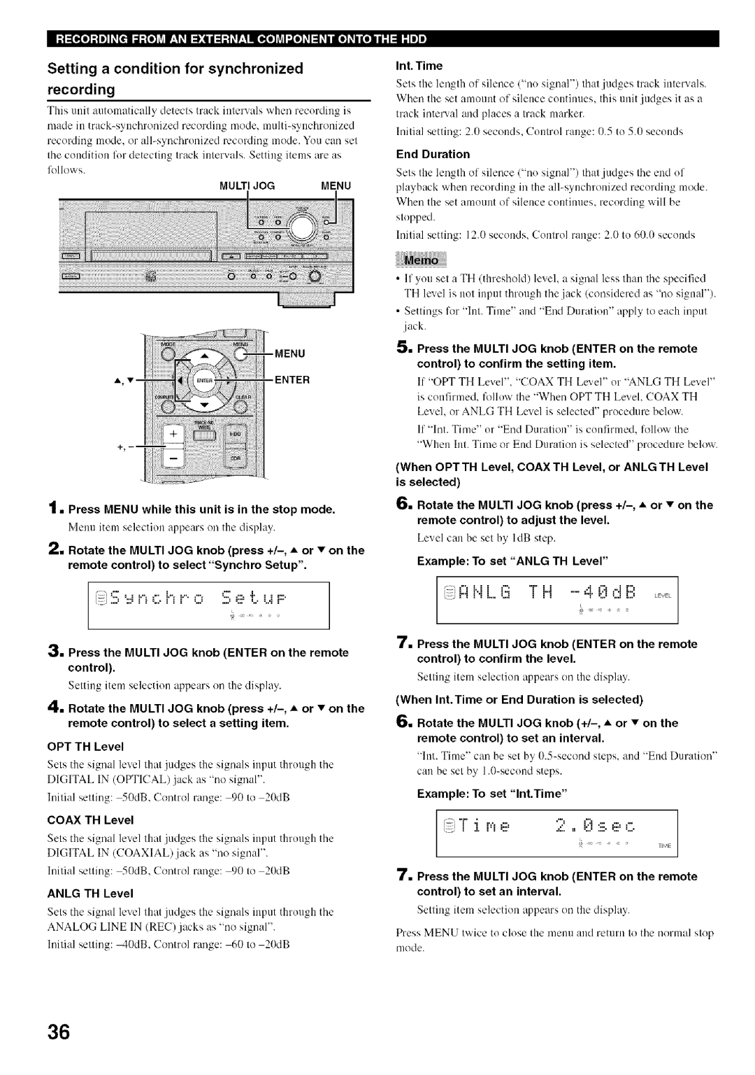 Yamaha CDR-HD1500 owner manual Setting a condition for synchronized Recording, Multi JOG Menu 