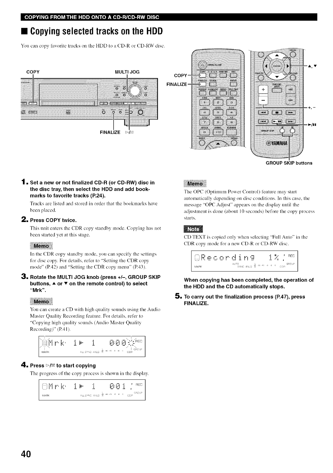 Yamaha CDR-HD1500 owner manual Copyingselected tracks on the HDD, Buttons, or * on the remote control to select, Mrk 