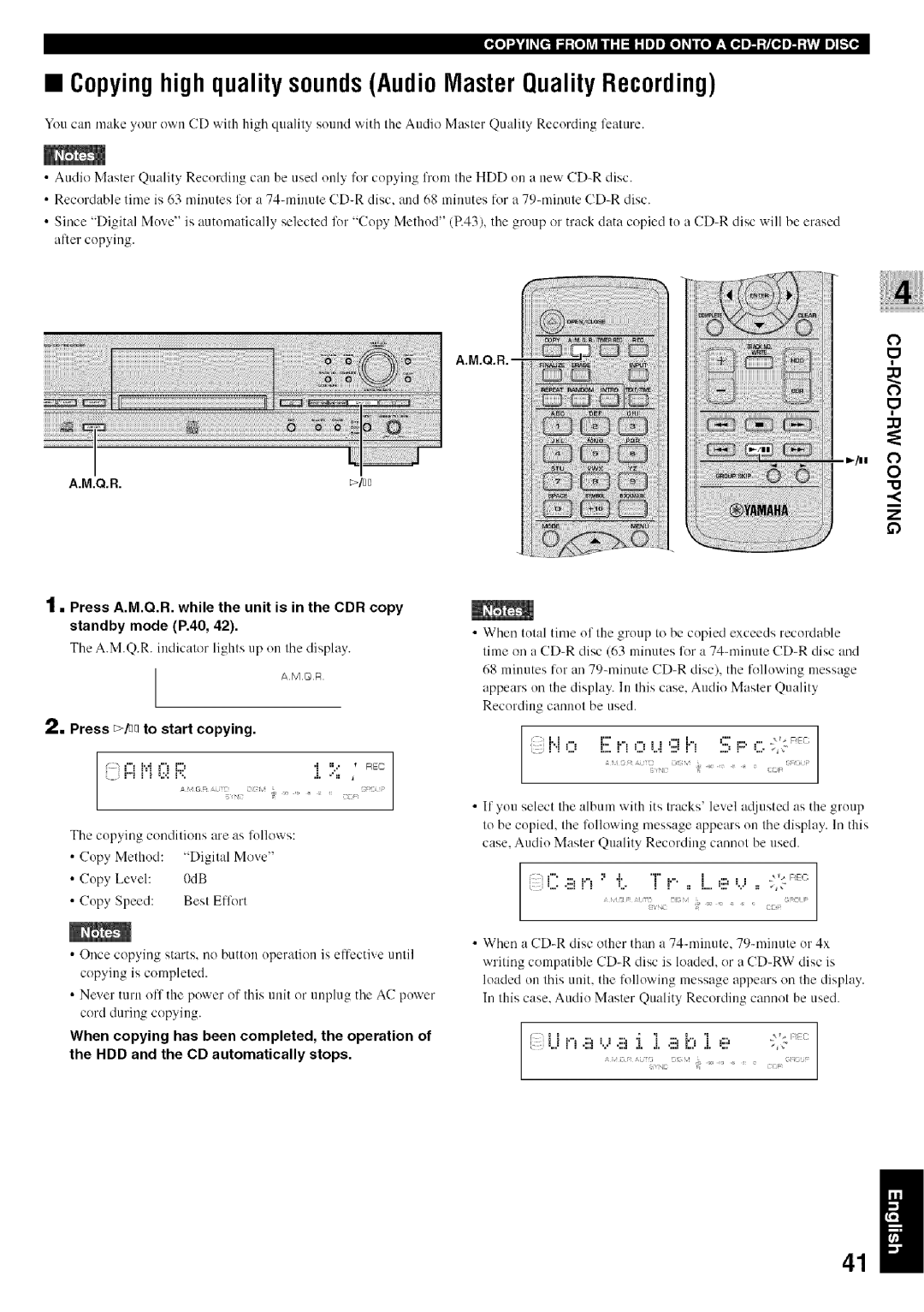 Yamaha CDR-HD1500 owner manual Copyinghigh quality sounds Audio Master Quality Recording, Press /nq to start copying 