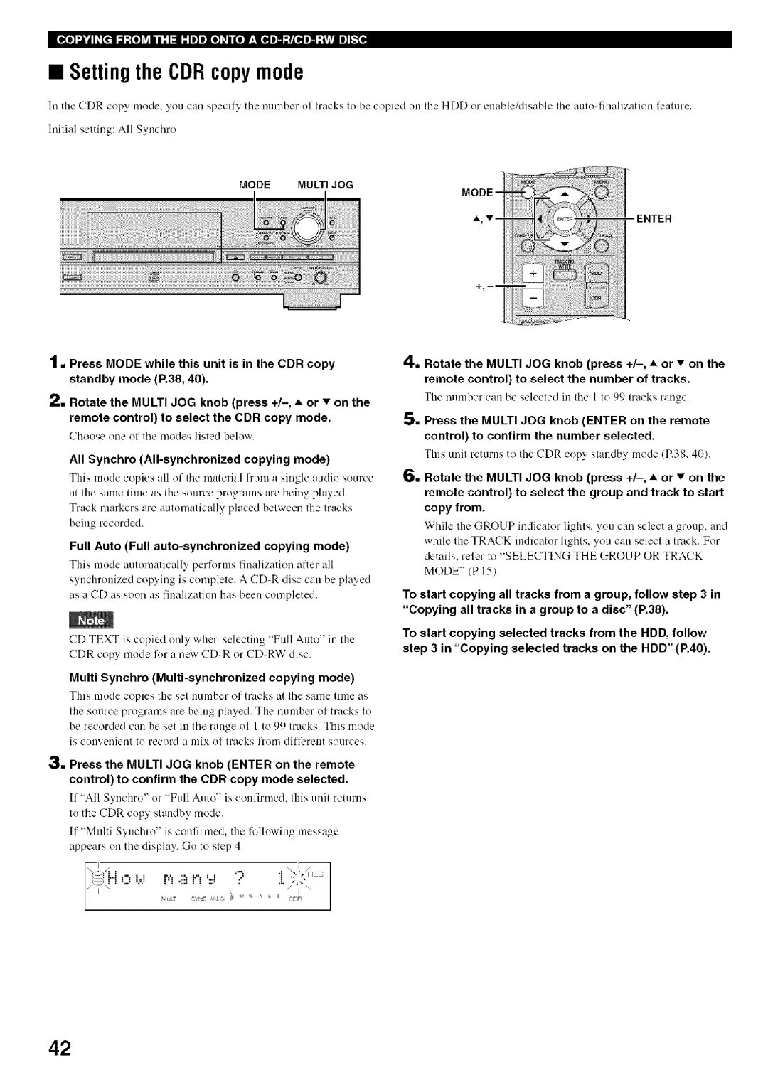 Yamaha CDR-HD1500 owner manual Setting the CDR copy mode, Full Auto Full auto-synchronized copying mode 