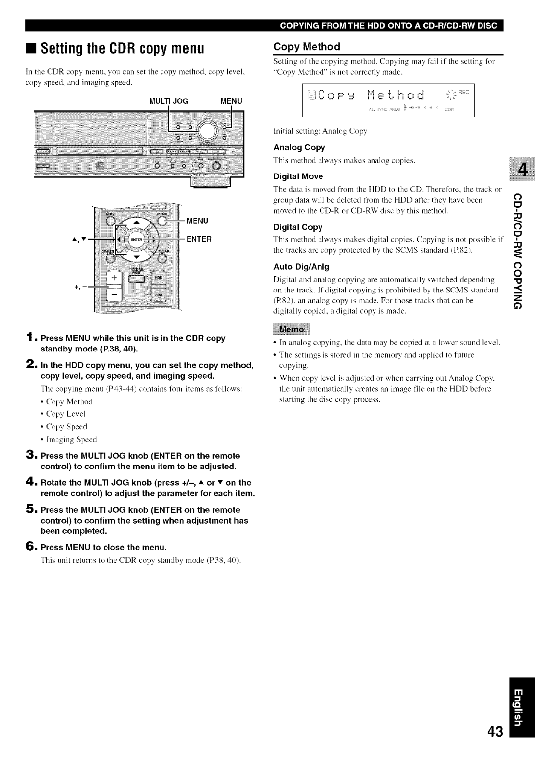 Yamaha CDR-HD1500 owner manual Setting the CDR copy menu, Copy Method 