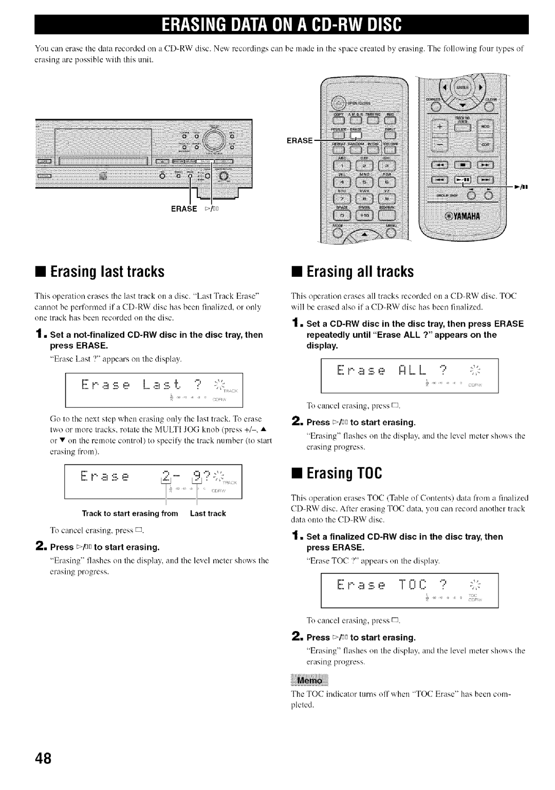 Yamaha CDR-HD1500 owner manual Erasing last tracks, Erasing all tracks, Erasing TOC 