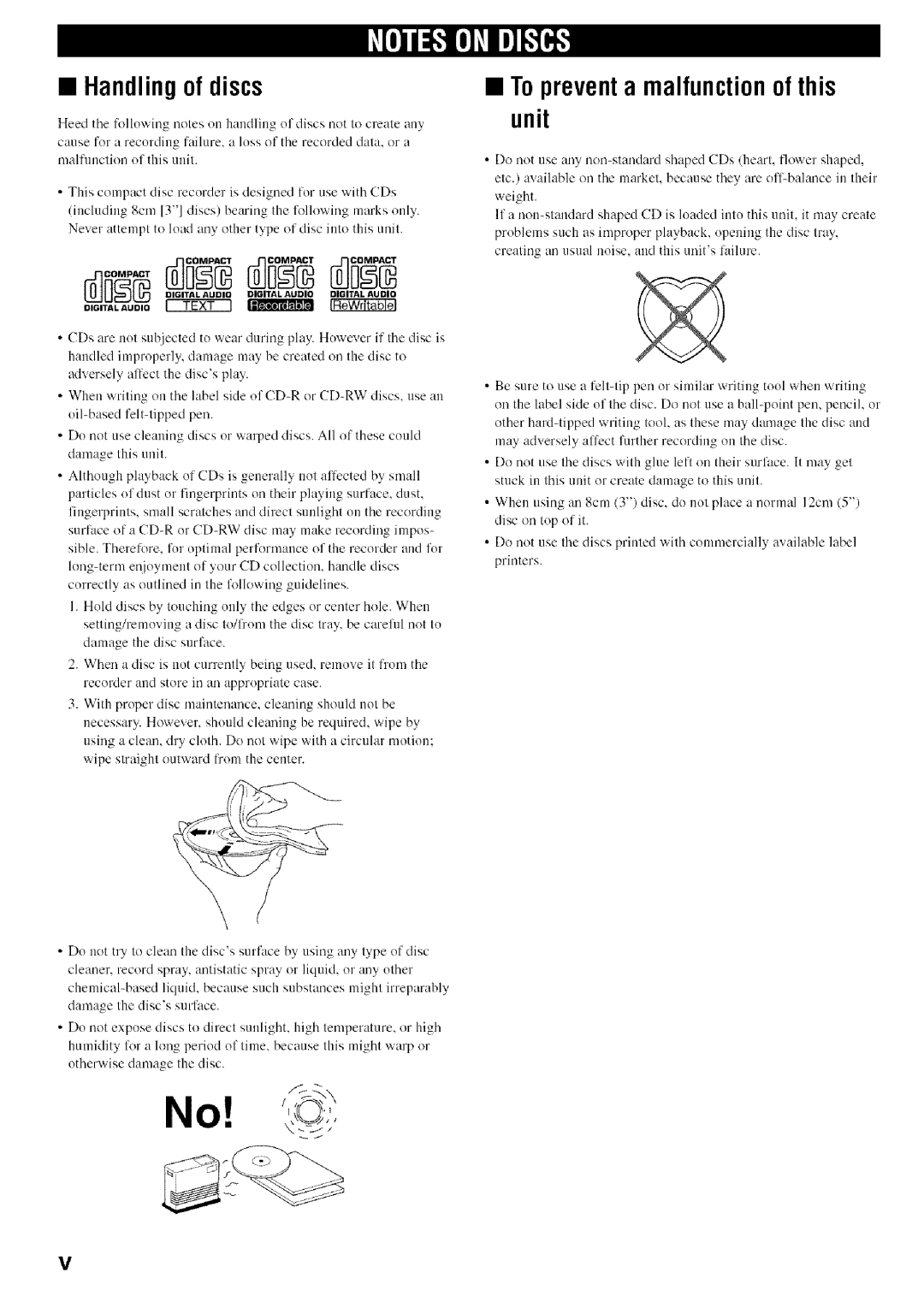 Yamaha CDR-HD1500 owner manual Handling of discs, To prevent a malfunction of this unit 