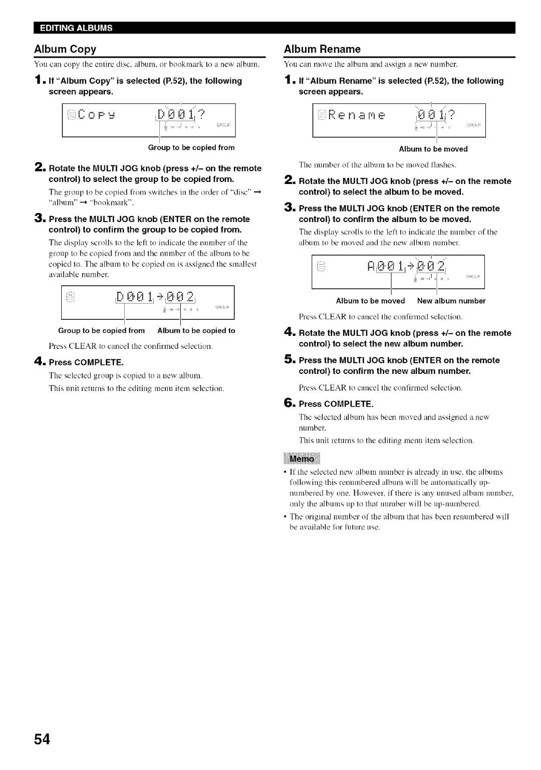 Yamaha CDR-HD1500 owner manual Album Copy, Album Rename, Group to be copied from Album to be copied to, Album to be moved 