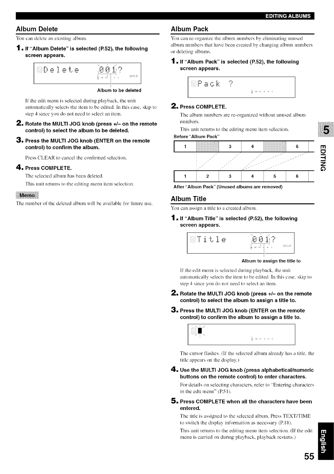 Yamaha CDR-HD1500 owner manual Album Delete, =1,11IIlqinl=llh# Album Pack, Album Title, Before Album Pack 