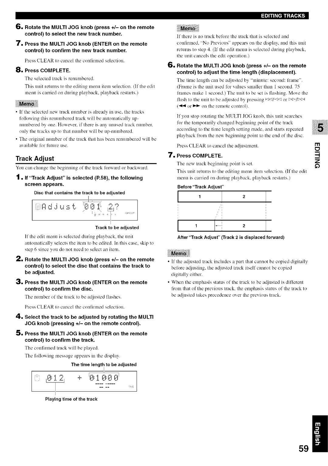 Yamaha CDR-HD1500 owner manual Time length to be adjusted, Before Track Adjust 