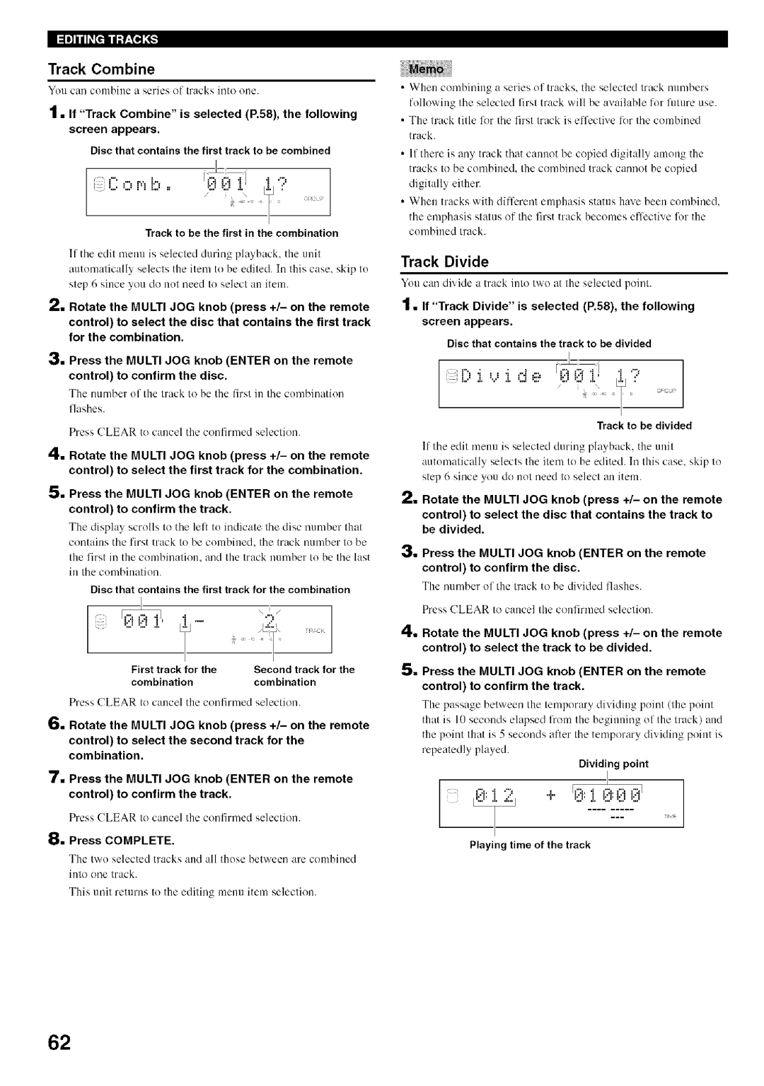 Yamaha CDR-HD1500 owner manual Track Combine, Track Divide, Track to be divided, Dividing point 