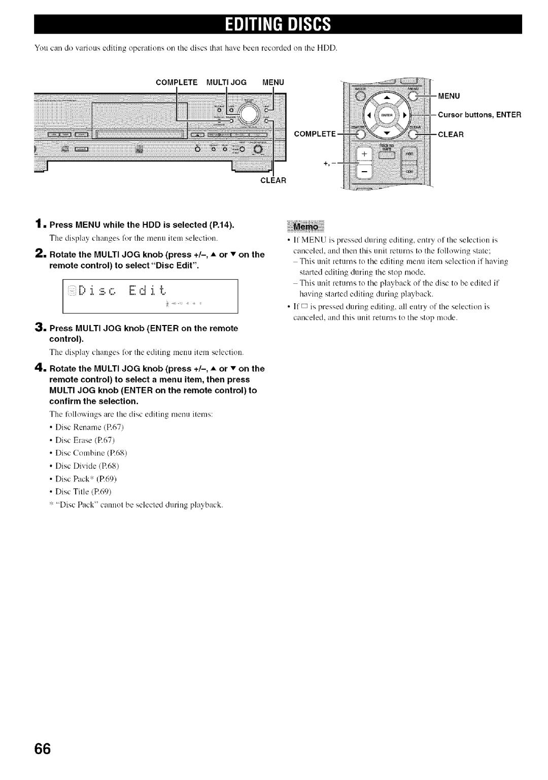 Yamaha CDR-HD1500 owner manual Press Menu while the HDD is selected P.14, Display changes for the menu item selection 