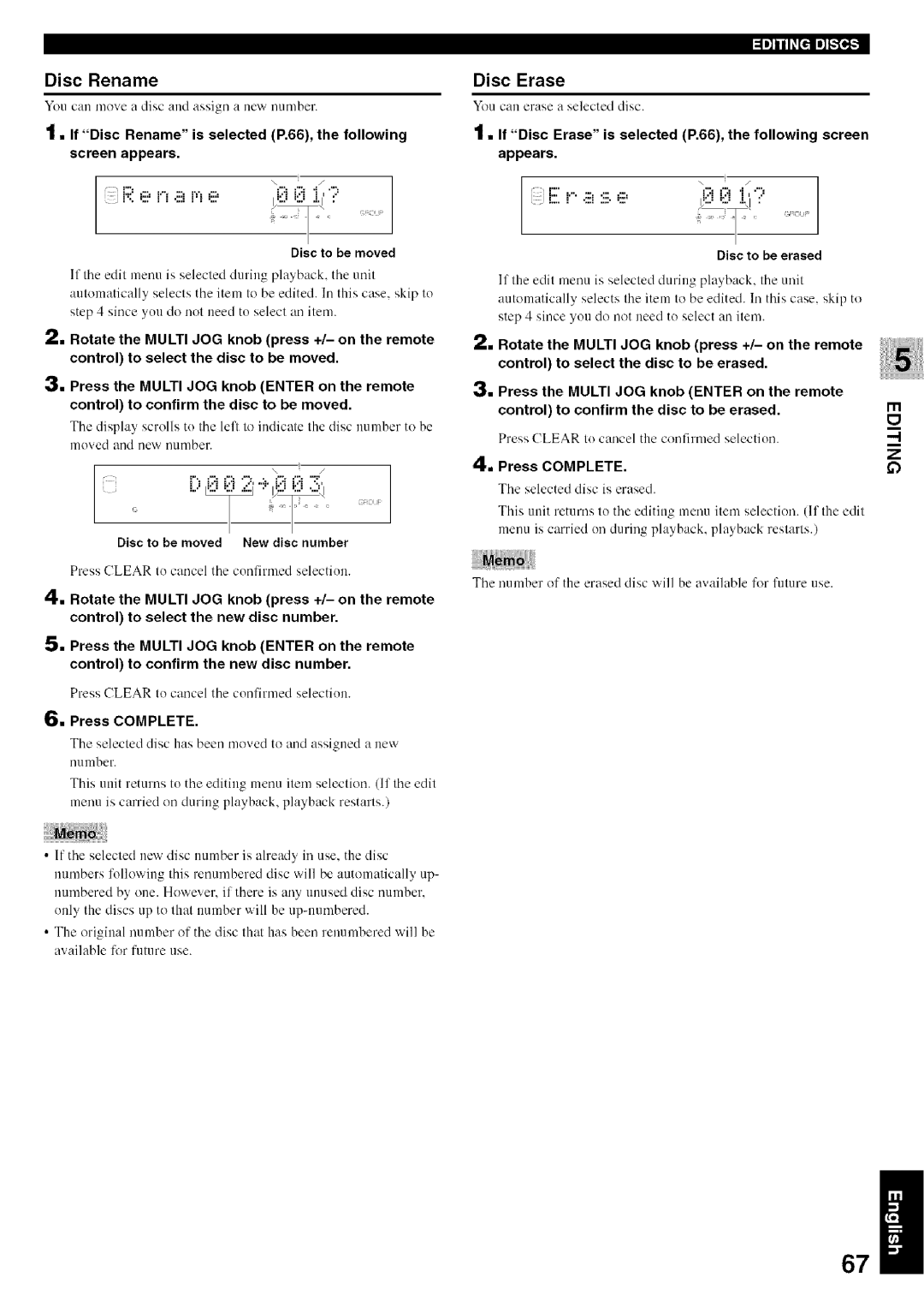 Yamaha CDR-HD1500 owner manual Disc Rename, Disc Erase, Yucan move a disc and assign a new nmnber, Disc to be moved 