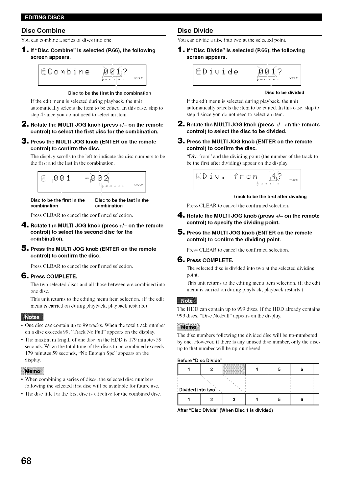 Yamaha CDR-HD1500 owner manual Disc Combine, Disc Divide 