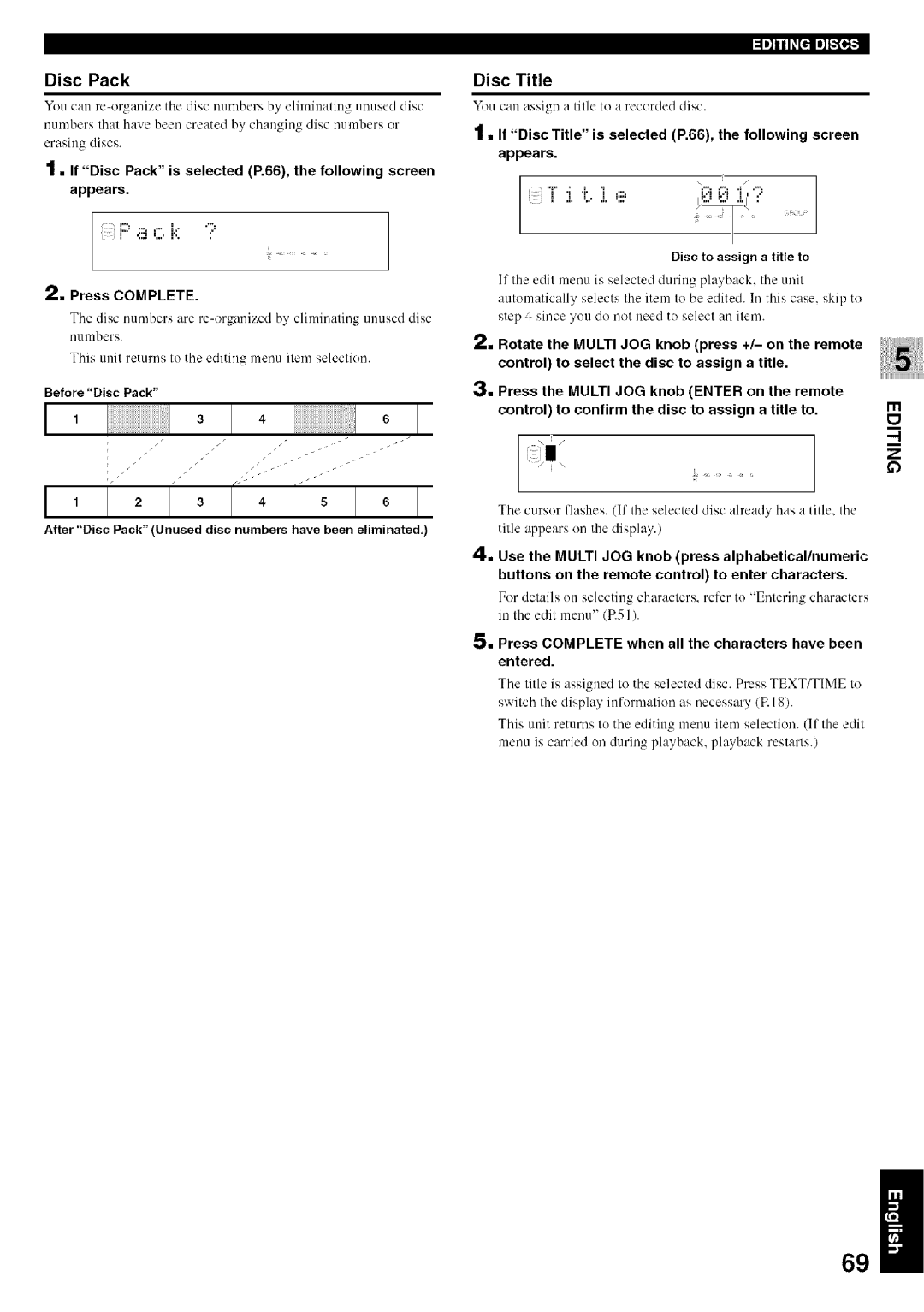 Yamaha CDR-HD1500 IIIRtIFPf, If Disc Pack is selected P.66, the following screen Appears, Disc to assign a title to 