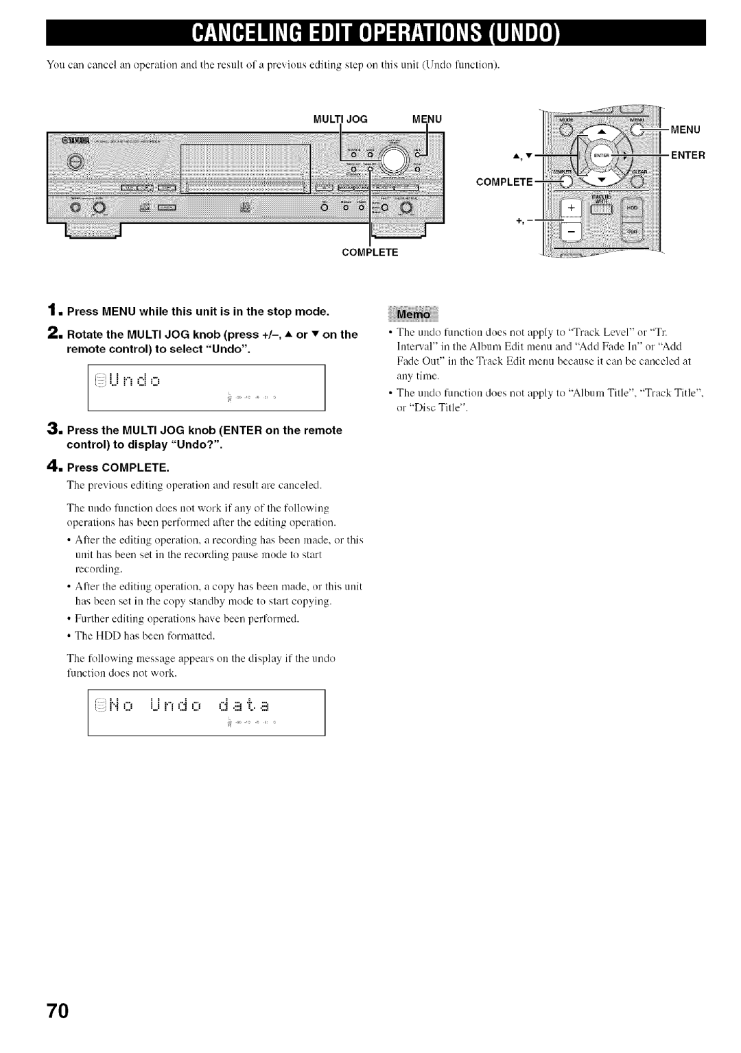 Yamaha CDR-HD1500 owner manual Multi Jogmenu Menu Enter Complete 