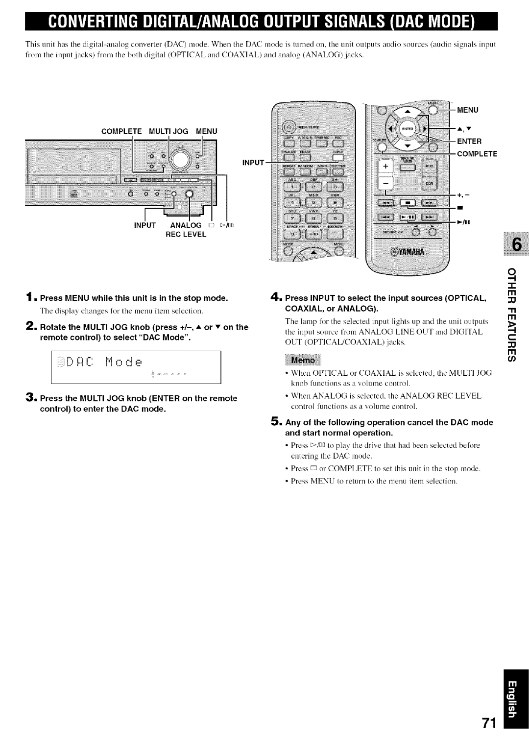 Yamaha CDR-HD1500 owner manual COAXIAL, or Analog, Remote control to select DAC Mode 