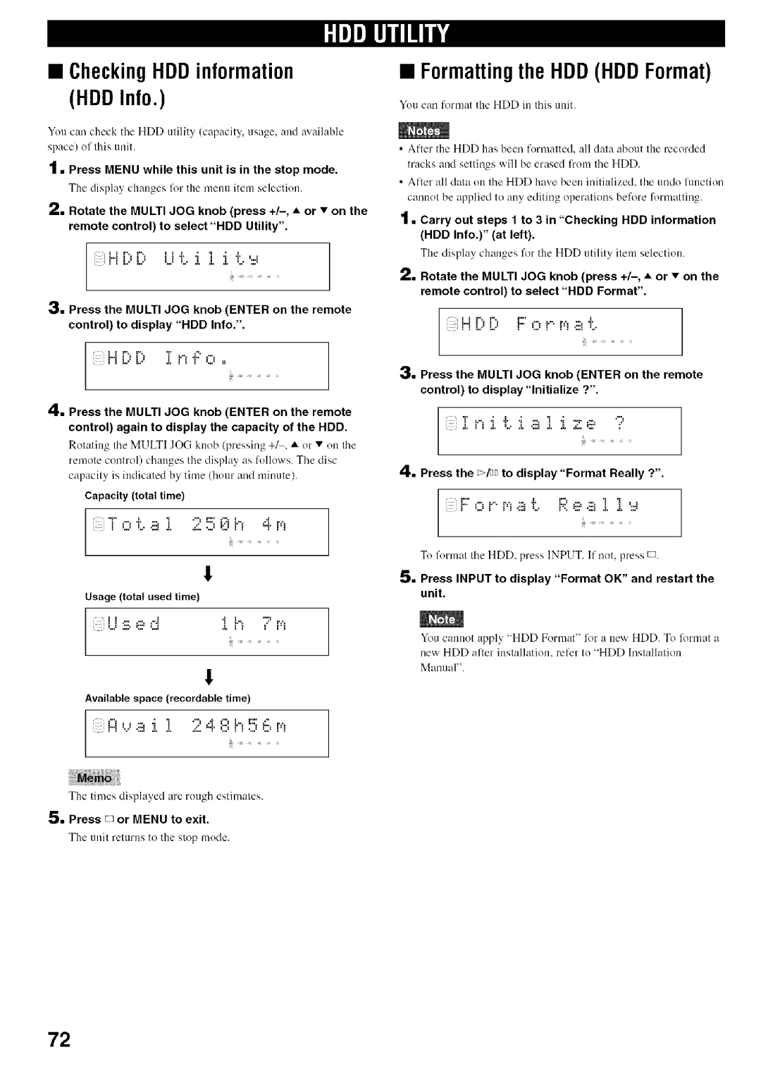 Yamaha CDR-HD1500 owner manual CheckingHDDinformation HDD Info, Formatting the HDD HDD Format 