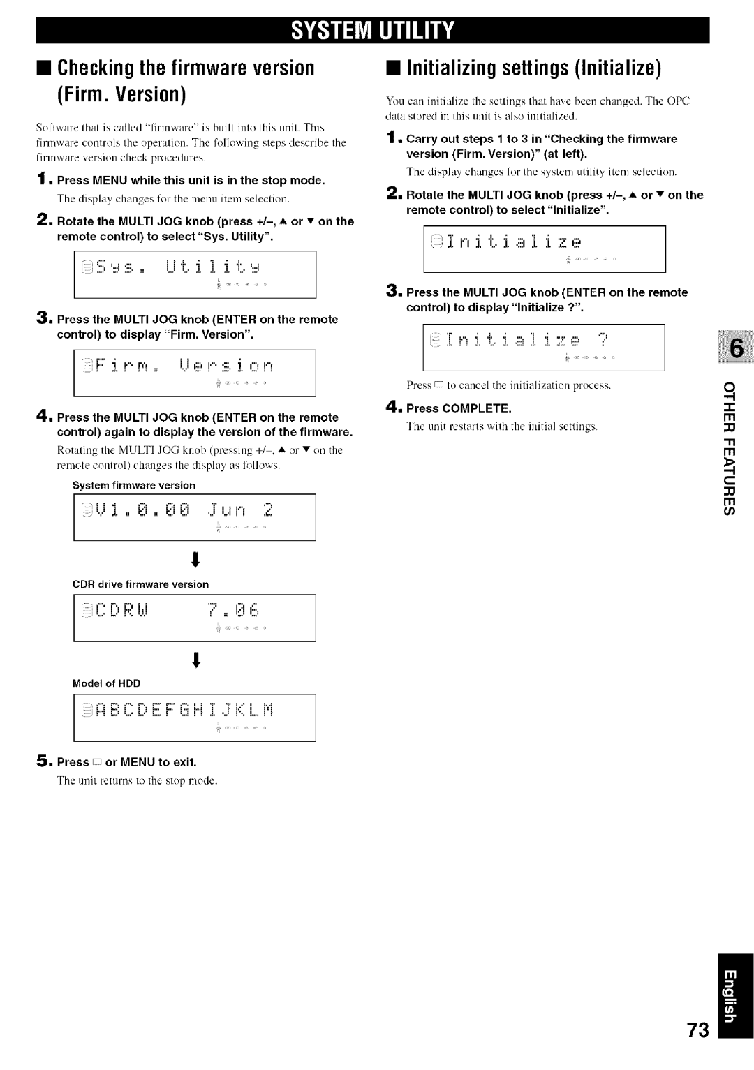 Yamaha CDR-HD1500 Checkingthe firmwareversion Firm. Version, InitializingsettingsInitialize, System firmware version 