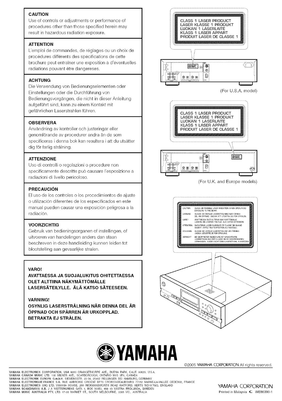 Yamaha CDR-HD1500 owner manual Achtung, Observera, Attenzione, Precaucion, For U,K, and Europe models 