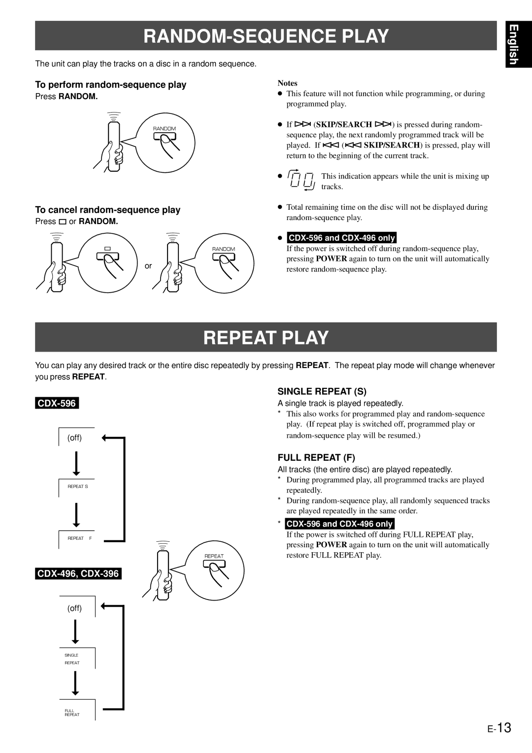 Yamaha CDX-496, CDX-396 RANDOM-SEQUENCE Play, Repeat Play, To perform random-sequence play, To cancel random-sequence play 