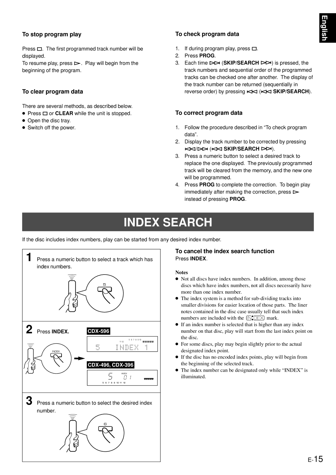 Yamaha CDX-496, CDX-396 owner manual Index Search 