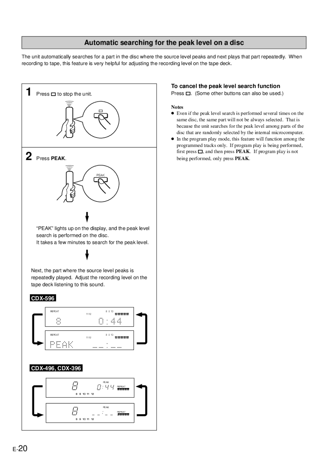 Yamaha CDX-396, CDX-496 owner manual To cancel the peak level search function, Press . Some other buttons can also be used 