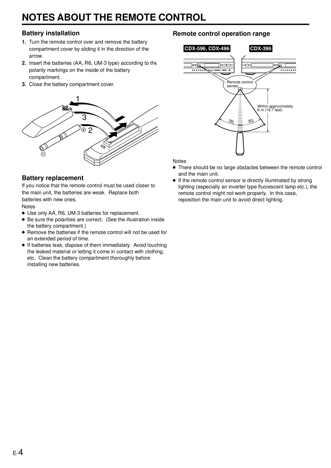 Yamaha CDX-396, CDX-496 owner manual Battery installation, Battery replacement, Remote control operation range 