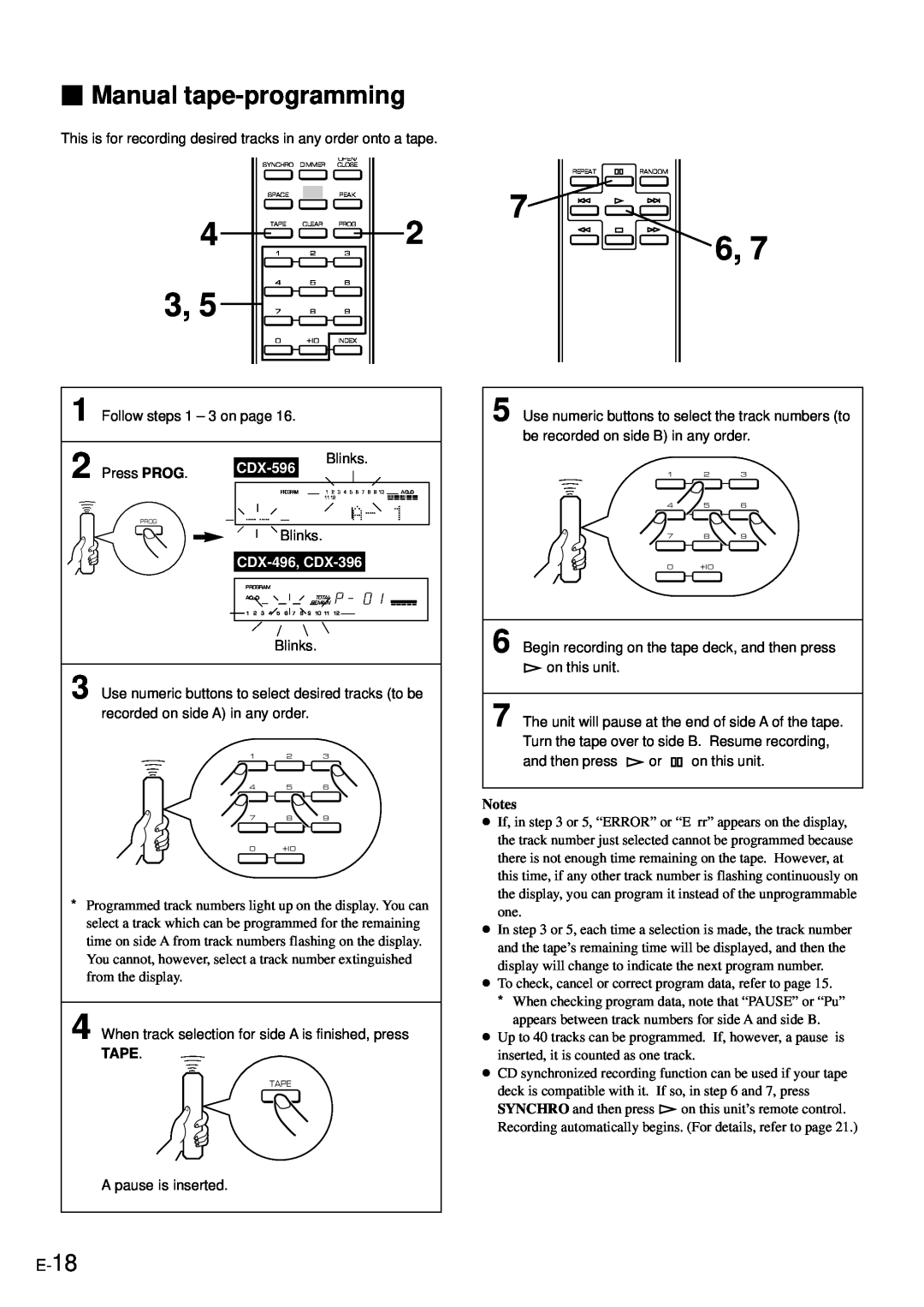 Yamaha owner manual Manual tape-programming, CDX-596, CDX-496, CDX-396 