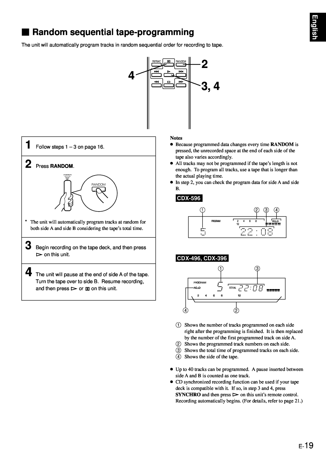 Yamaha owner manual Random sequential tape-programming, English, CDX-596, CDX-496, CDX-396 