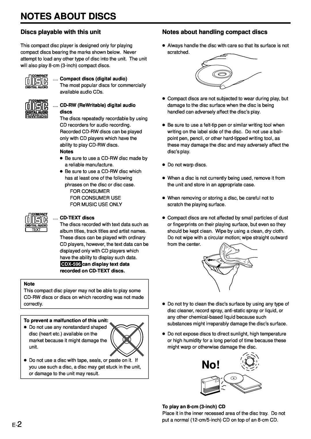 Yamaha CDX-396, CDX-496 owner manual Notes About Discs 