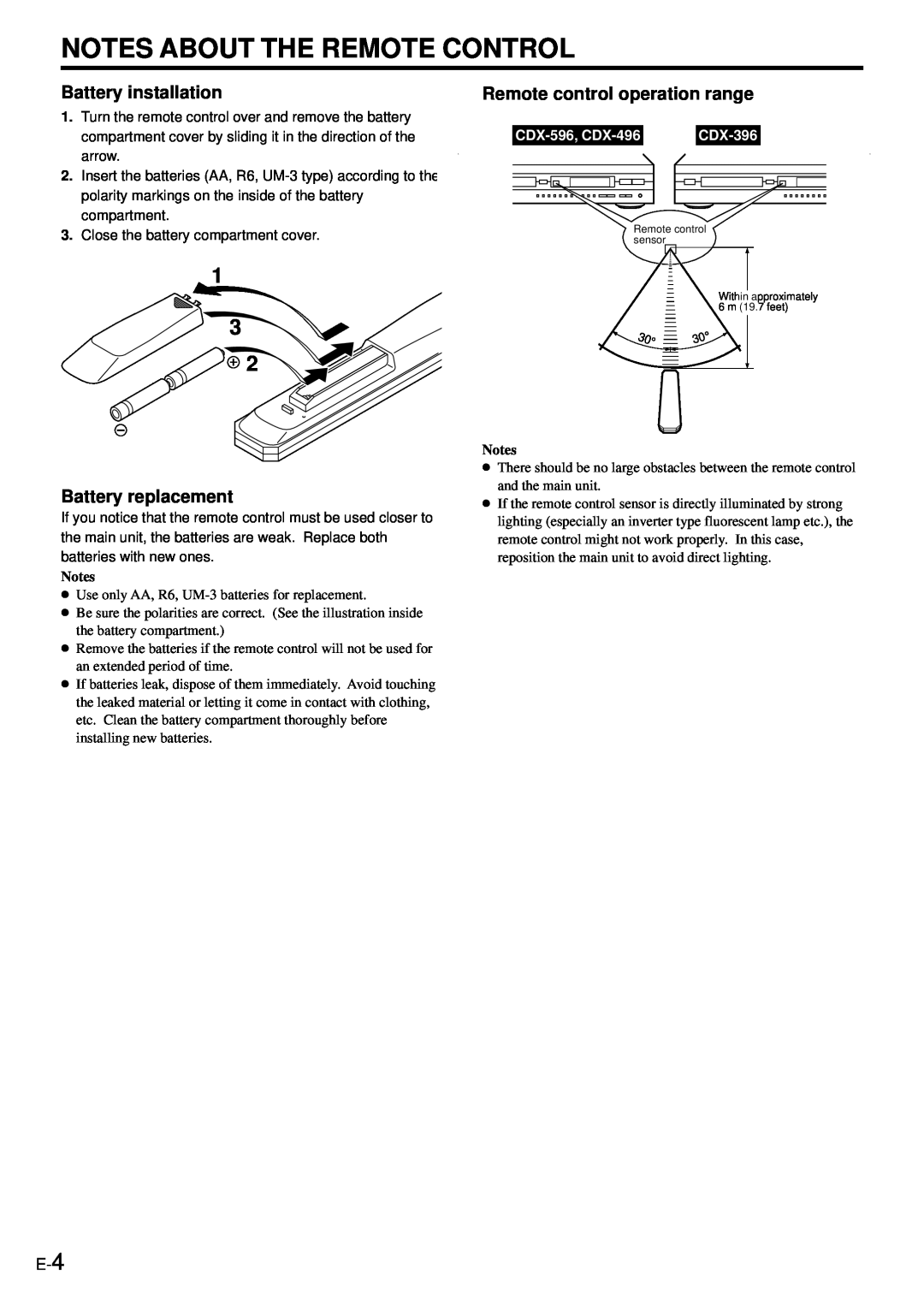 Yamaha CDX-396 owner manual Notes About The Remote Control, CDX-596, CDX-496 
