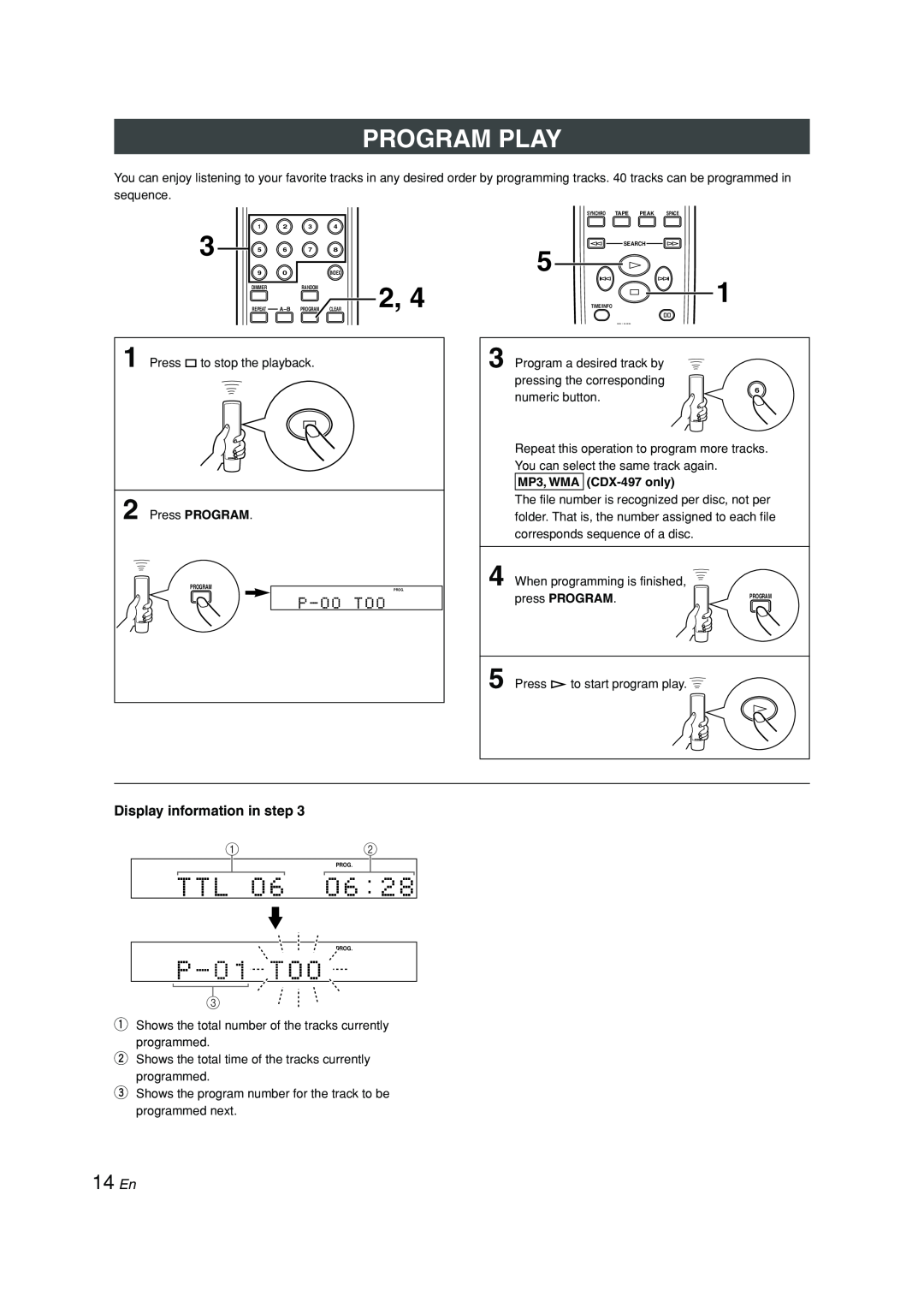 Yamaha CDX-397, CDX-97 owner manual Program Play, 14 En, Display information in step 