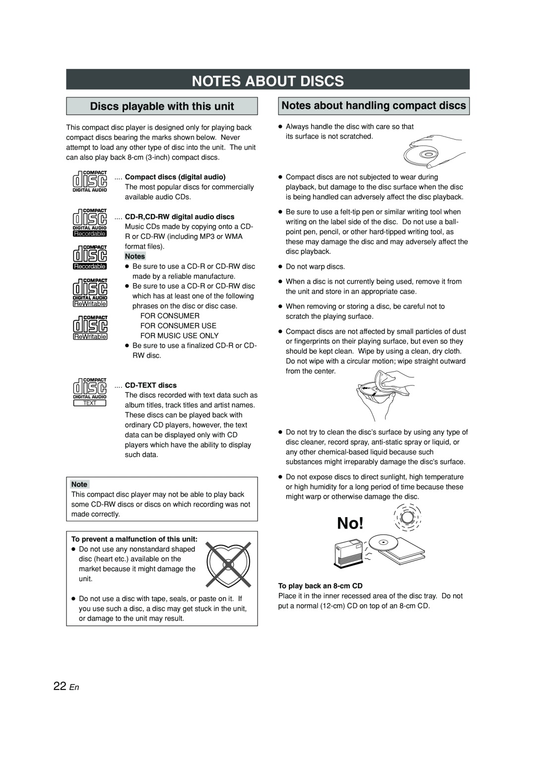 Yamaha CDX-397, CDX-97 owner manual Notes About Discs, 22 En 