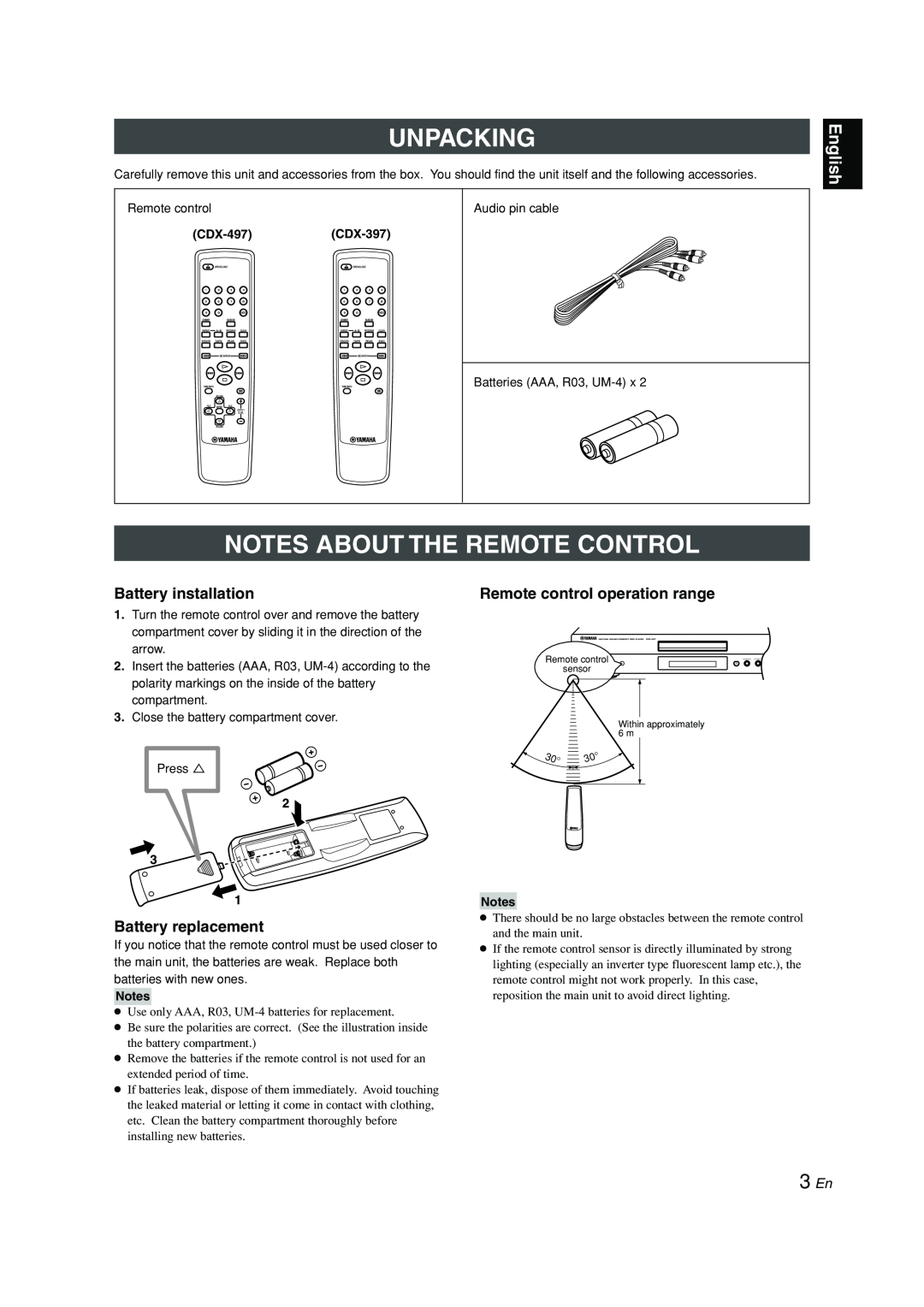 Yamaha CDX-97, CDX-397 owner manual Unpacking, Notes About The Remote Control, 3 En, English 