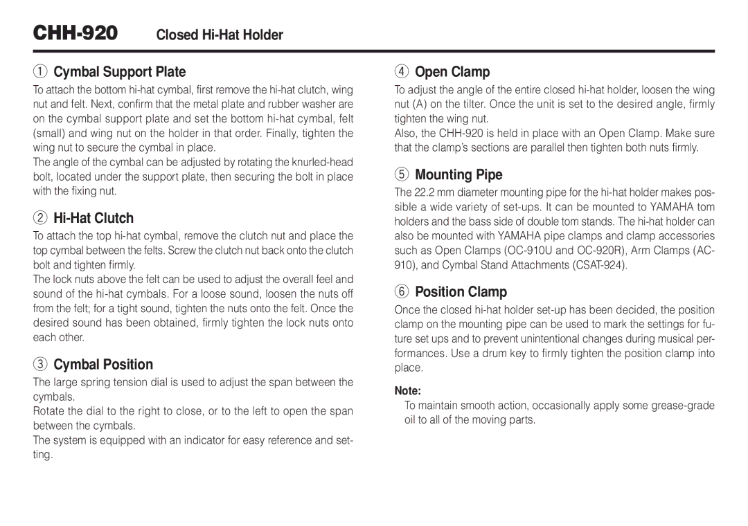 Yamaha owner manual CHH-920Closed Hi-Hat Holder Cymbal Support Plate 