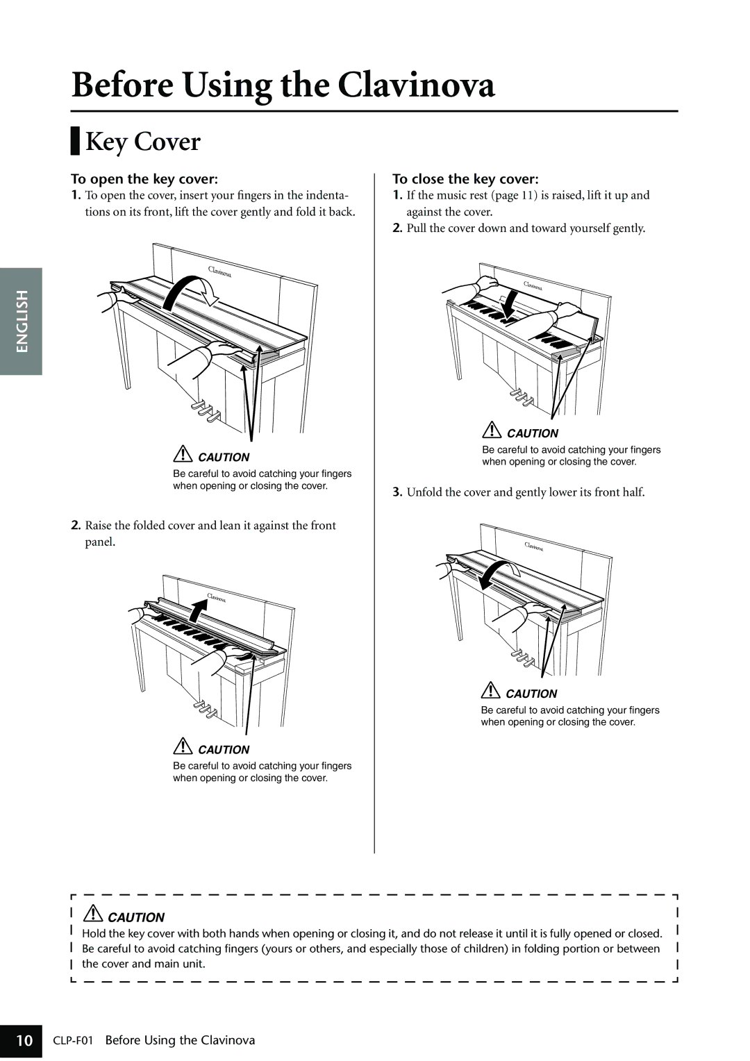 Yamaha CLP-F01 owner manual Before Using the Clavinova, Key Cover, To open the key cover, To close the key cover 