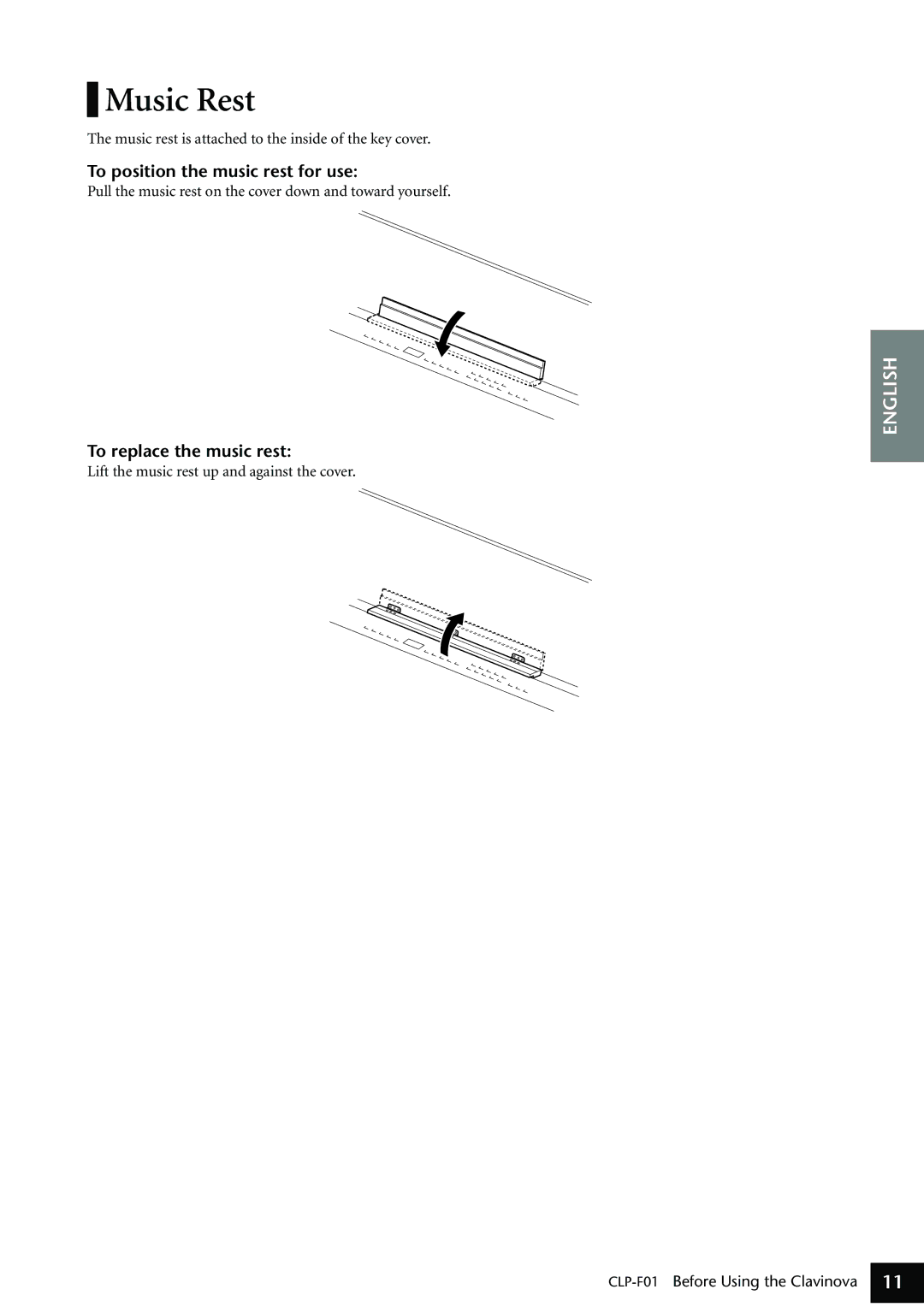 Yamaha CLP-F01 owner manual Music Rest, To position the music rest for use, To replace the music rest 