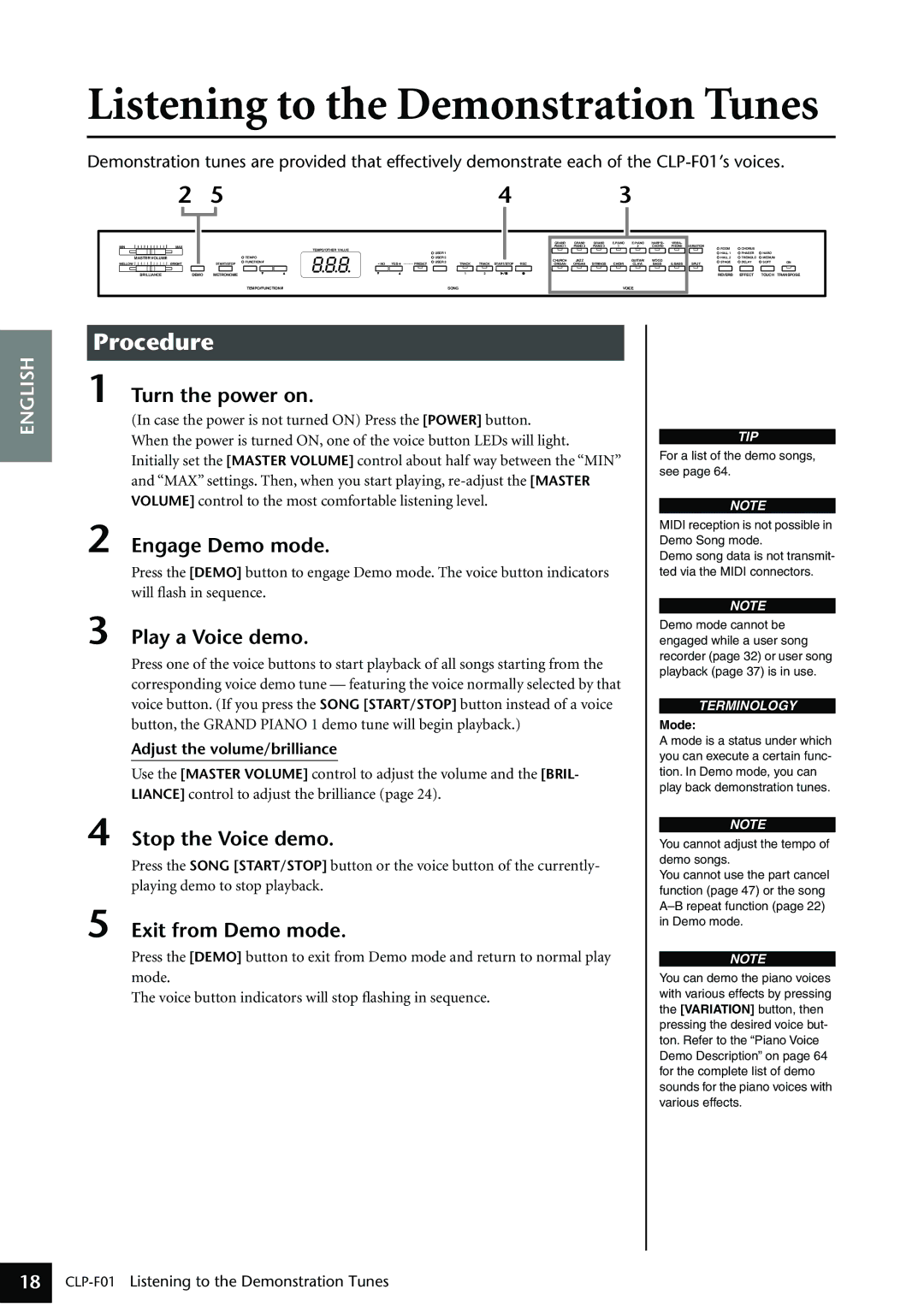 Yamaha CLP-F01 owner manual Listening to the Demonstration Tunes 