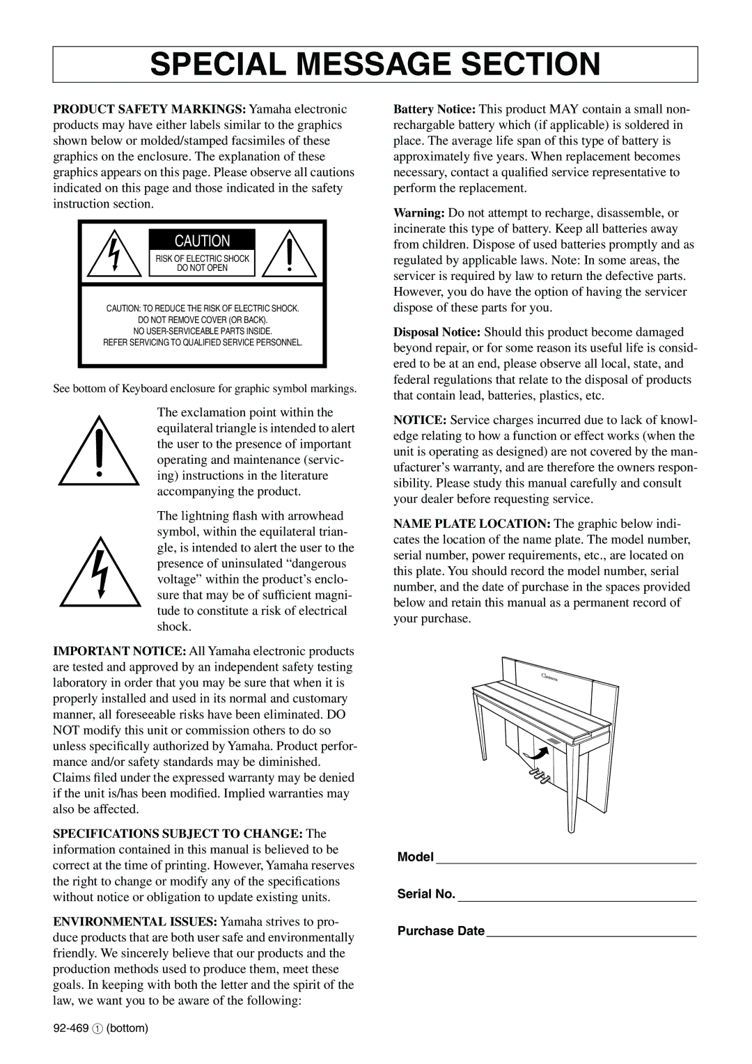 Yamaha CLP-F01 owner manual Special Message Section 